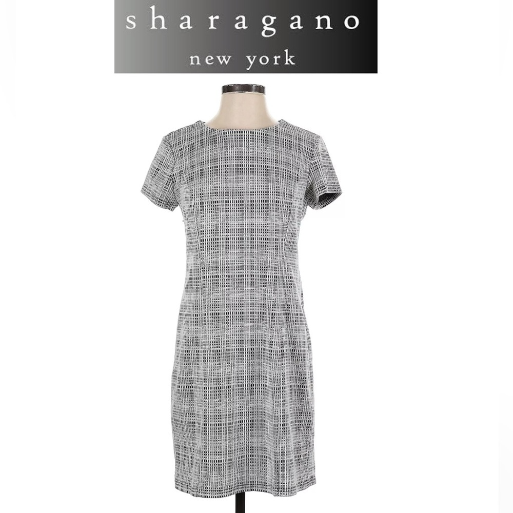 Sharagano NY Black & Ivory Check Short Sleeve Sheath Dress size 12 NWT